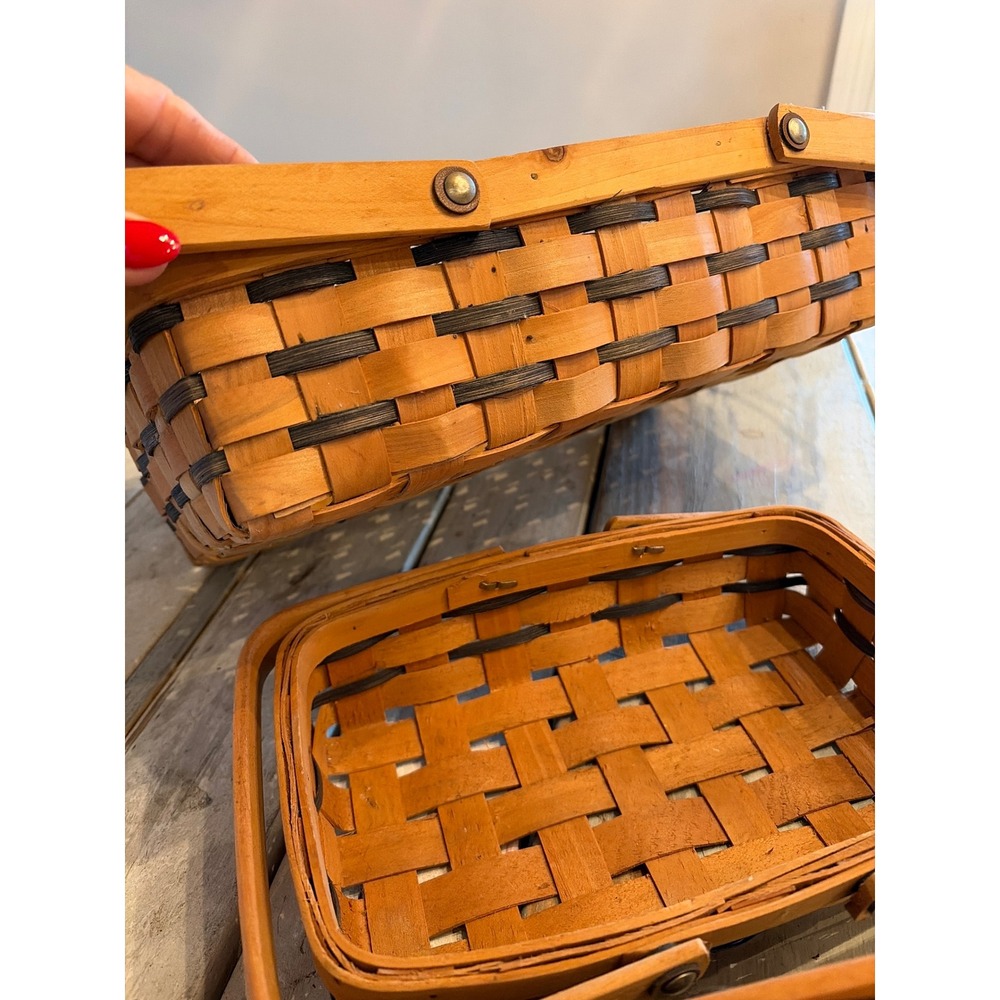 Vintage Set of (3) Rectangular Nesting Baskets Double Swing Handles Woven - Picture 8 of 16